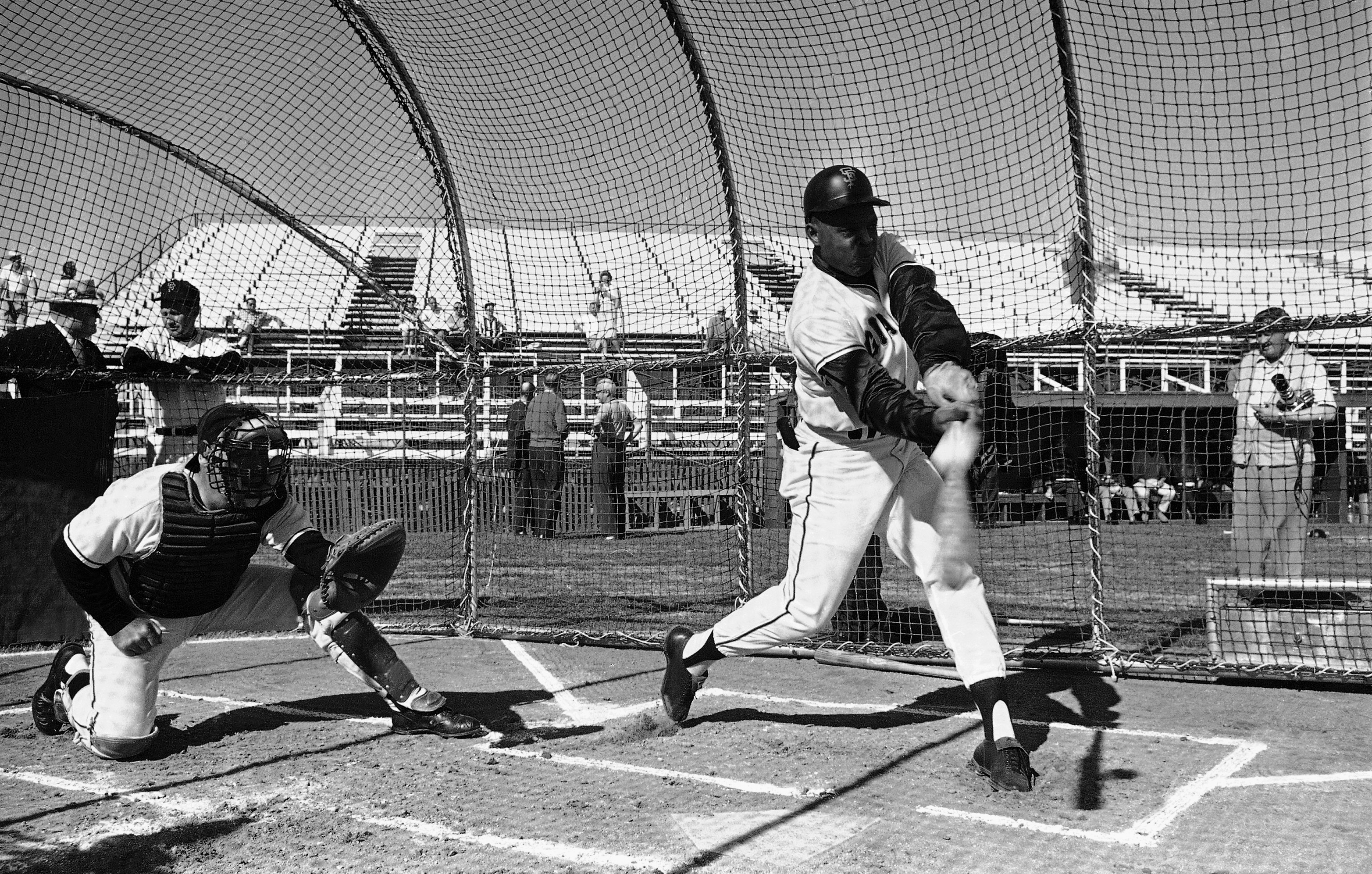 Willie Mays taking hacks in the Casa Grande batting cages in 1963.