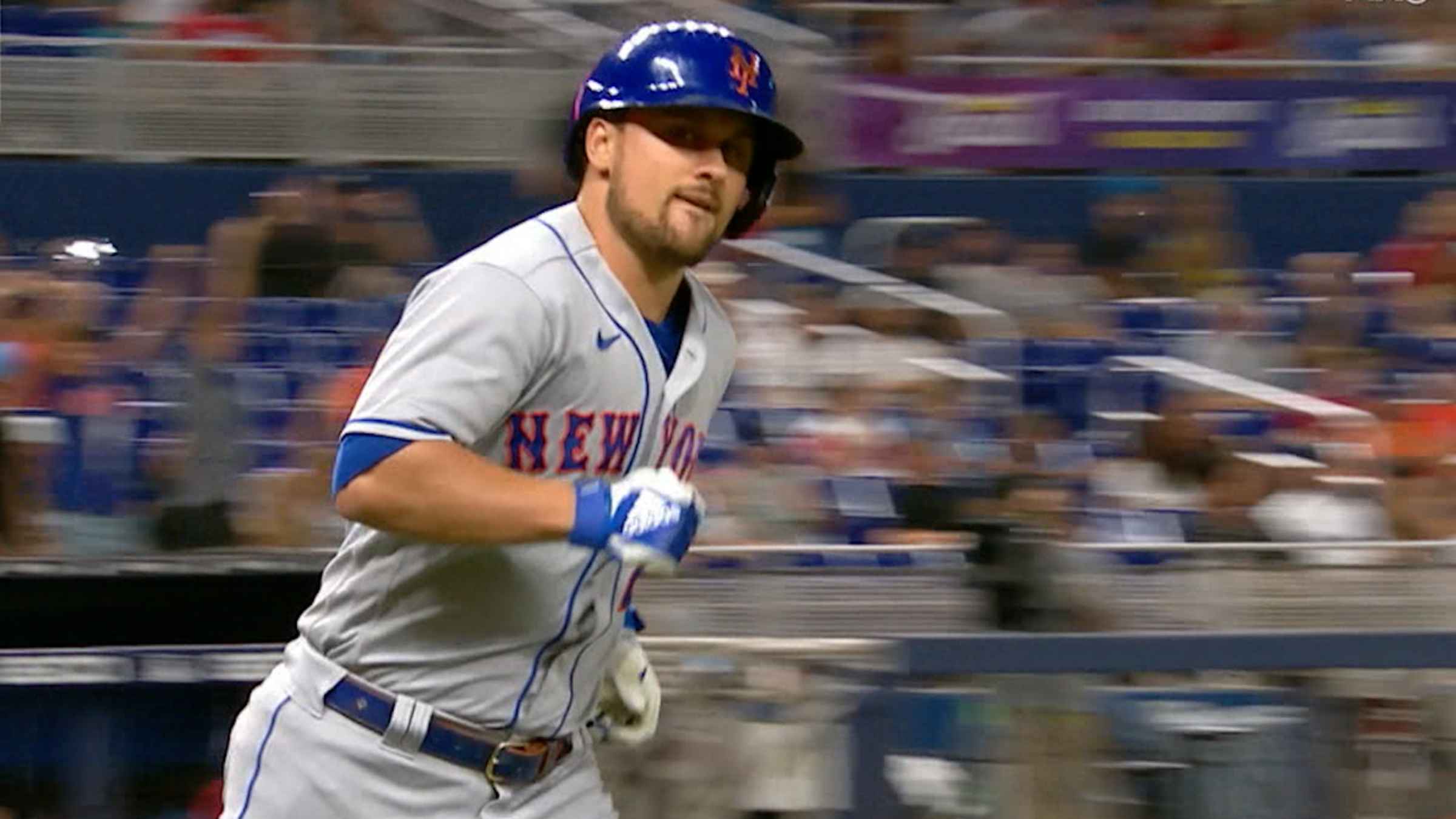 New York Mets' J.D. Davis (28) celebrates hitting a home run against the  Cleveland Indians during