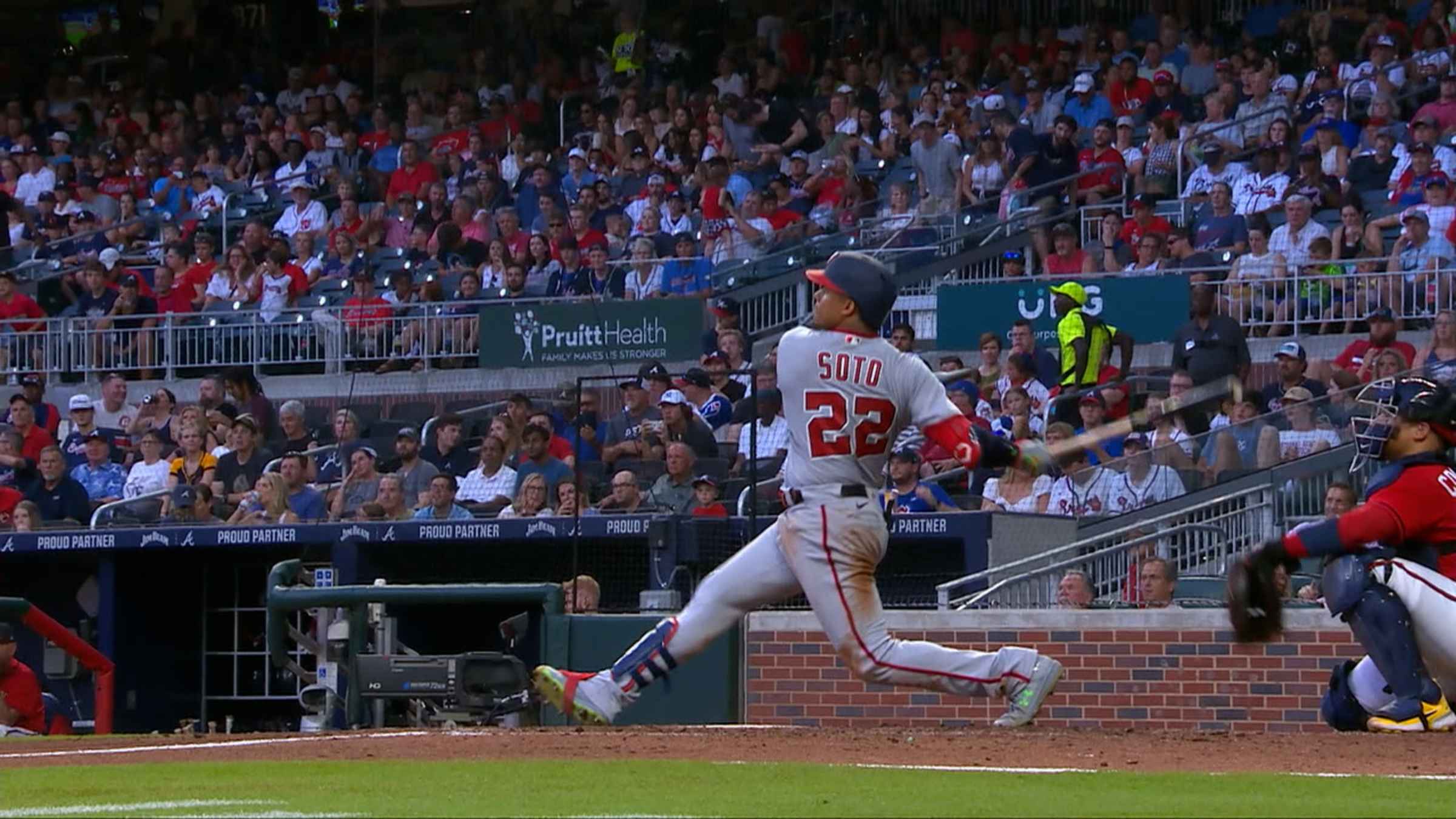 Washington Nationals' Juan Soto (22) celebrates his two-run home run during  the eighth inning of a baseball game against the San Diego Padres, Sunday,  July 18, 2021, in Washington. The Nationals won