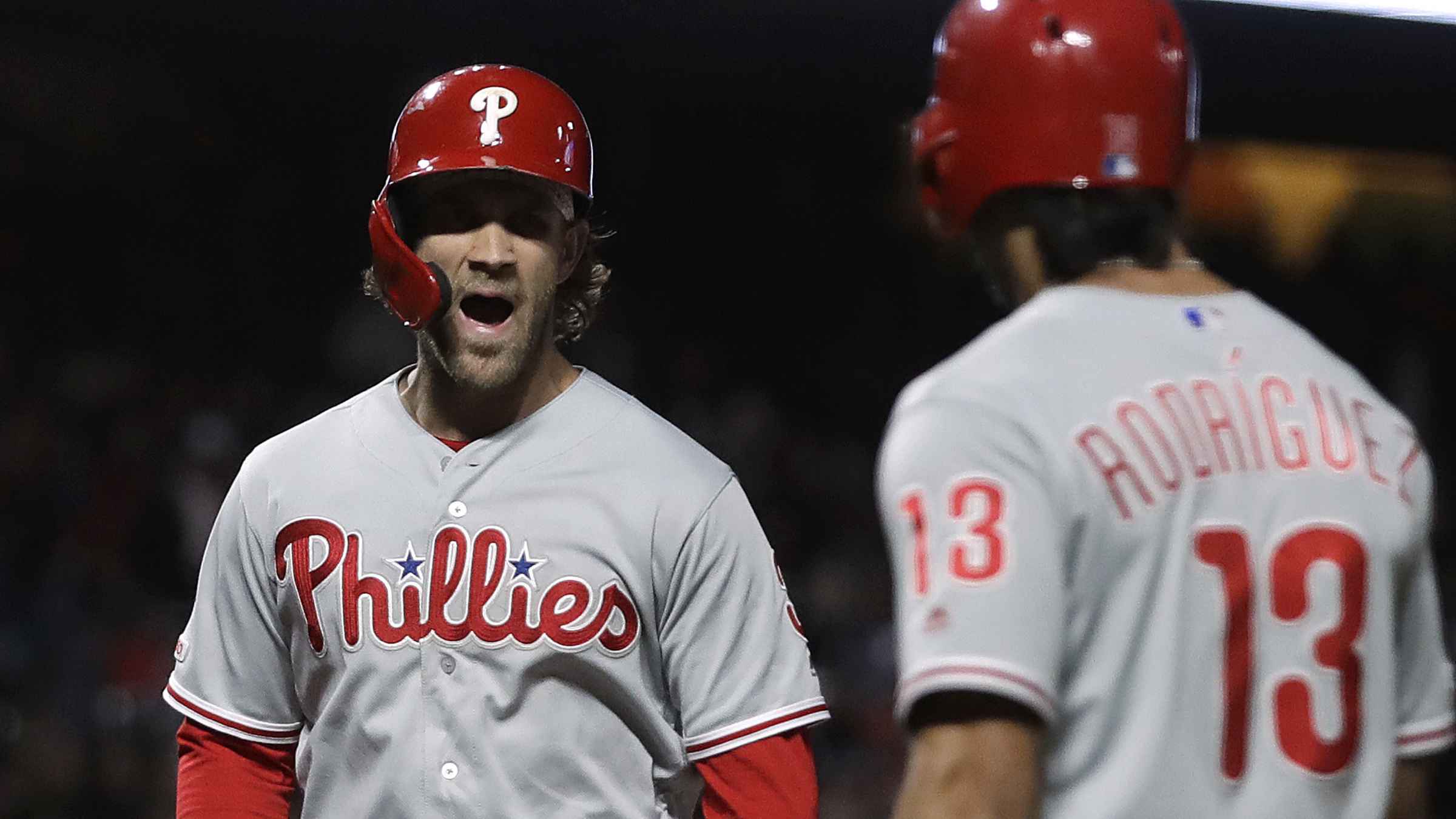 June 20 2021 San Francisco CA, U.S.A. The Phillies right fielder Bryce  Harper (3) during warm ups before the MLB game between the Philadelphia  Phillies and San Francisco Giants, at Oracle Park