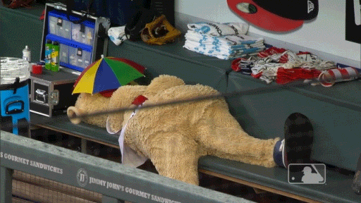 Wearing his umbrella hat, Blooper decided to take a dugout nap during the  Mets-Braves rain delay
