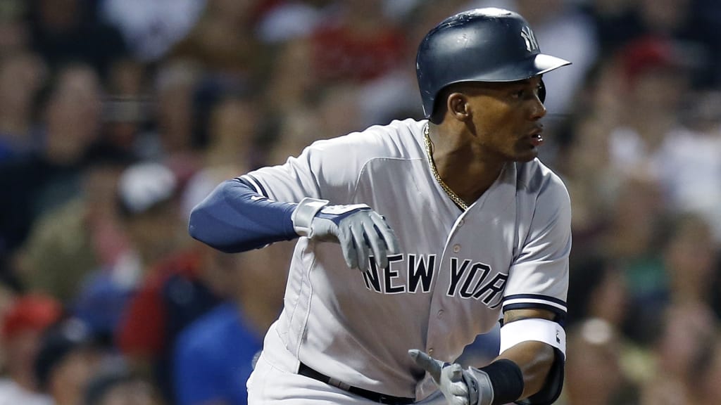 New York Yankees' Miguel Andujar runs on his single during the first inning of a baseball game against the Boston Red Sox in Boston, Sunday, Aug. 5, 2018. (AP Photo/Michael Dwyer)