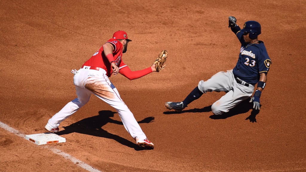 The Brewers' Keon Broxton is tagged out by third baseman Kaleb Cowart on a stolen-base attempt in the fourth inning. (Angels)