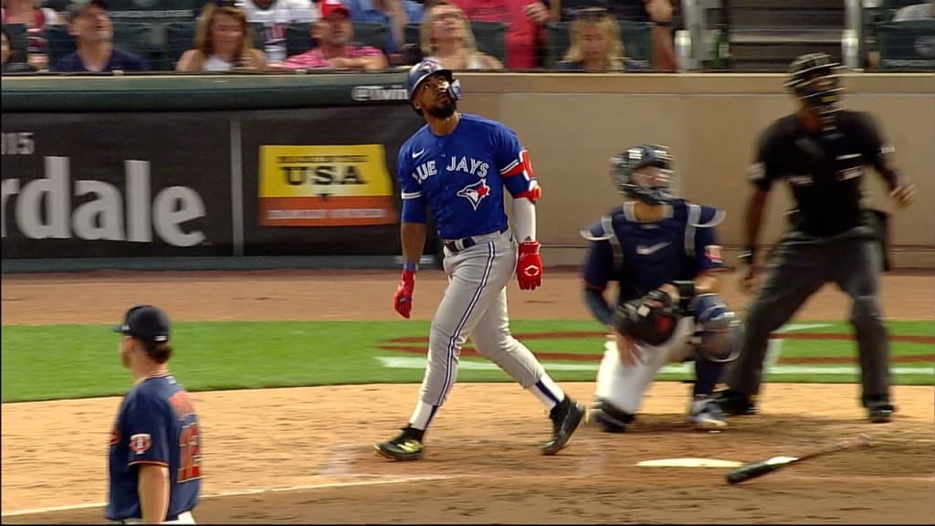 TORONTO, ON - SEPTEMBER 11: Toronto Blue Jays First base Vladimir Guerrero  Jr. (27) bats during the MLB baseball regular season game between the Texas  Rangers and the Toronto Blue Jays on