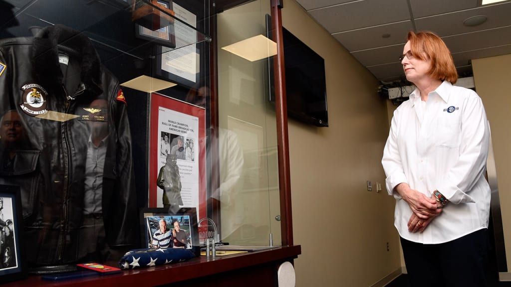 Maggie Coleman, widow of Jerry Coleman, donated many of the items featured in a new display at Petco Park. (Padres)