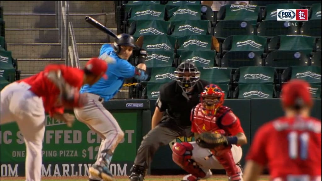 Miami Marlins outfielders JJ Bleday, left to right, Peyton Burdick