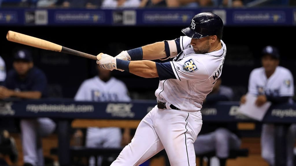 ST PETERSBURG, FL - AUGUST 23: Kevin Kiermaier #39 of the Tampa Bay Rays hits into a walk off force attempt throwing error by Ryan O'Hearn #66 of the Kansas City Royals in the ninth inning during a game at Tropicana Field on August 23, 2018 in St Petersburg, Florida. (Photo by Mike Ehrmann/Getty Images)
