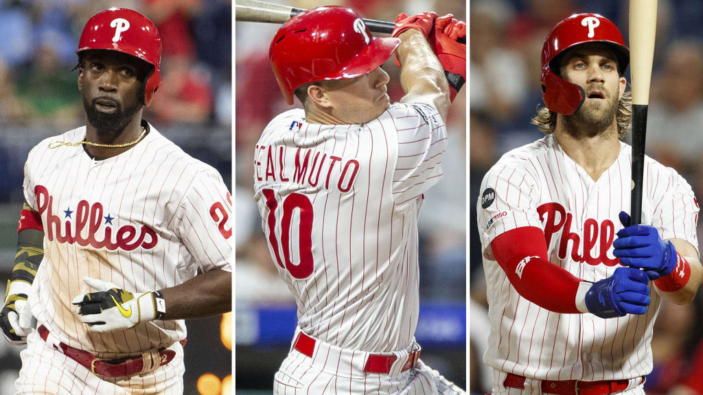 Manager Joe Girardi, Rhys Hoskins, J.T. Realmuto, Scott Kingery