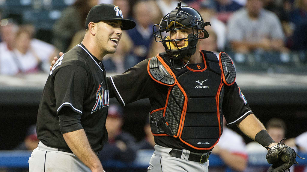Jose Fernandez shares a word with catcher Jeff Mathis during a game in Cleveland earlier this month.