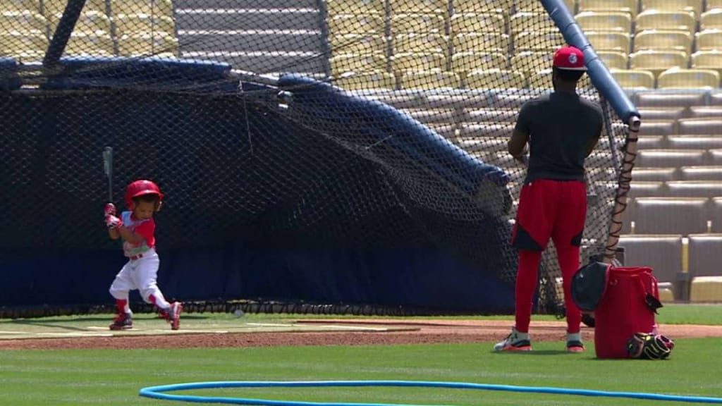 Brandon Phillips' 2-year-old son shows off skills at batting practice