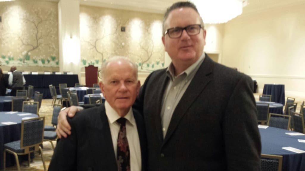 Rick Schroeder, left, with Rangers scouting director Kip Fagg at the Winter Meetings, where Schroeder was honored Wednesday. (MLB.com)