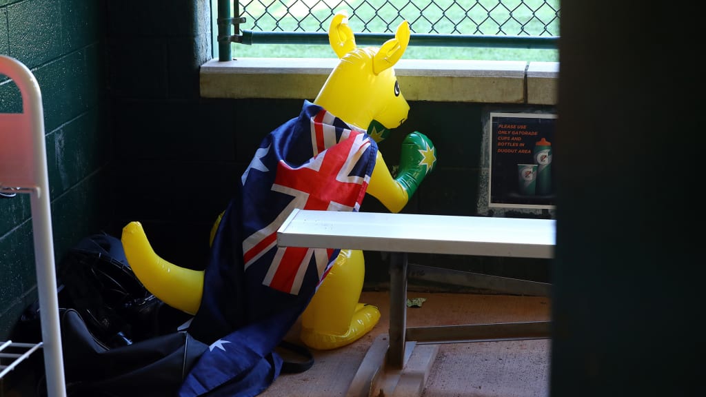 "Joey" the inflatable kangaroo attends all of the Australian team's games. (Alex Trautwig/MLB Photos)