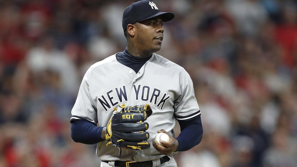 CLEVELAND, OH - JULY 14: Aroldis Chapman #54 of the New York Yankees pitches against the Cleveland Indians in the ninth inning at Progressive Field on July 14, 2018 in Cleveland, Ohio. The Yankees defeated the Indians 5-4. (Photo by David Maxwell/Getty Images)