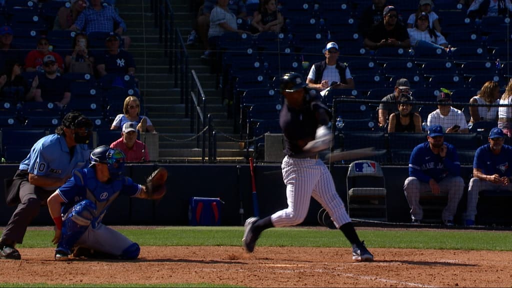 TAMPA, FL - MARCH 16: New York Yankees DH Giancarlo Stanton (27) at bat  during the Yankees spring training workout on March 16, 2022, at  Steinbrenner Field in Tampa, FL. (Photo by