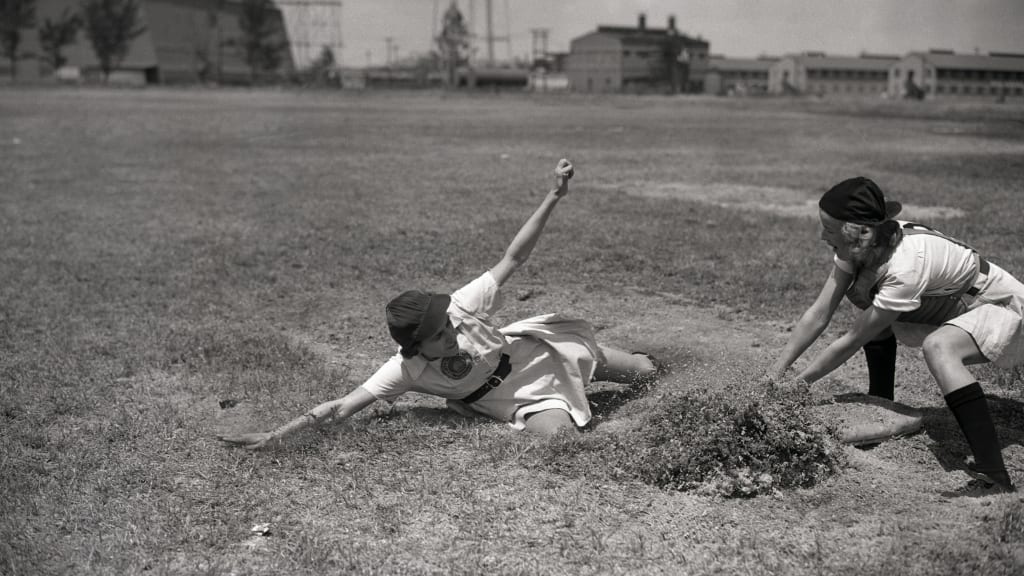 Sophie Kurys works on her sliding in Spring Training 1948.