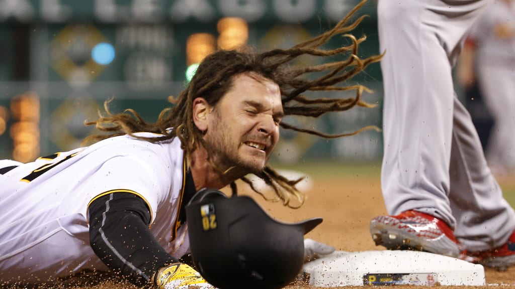 Water pours off the hair of Pittsburgh Pirates' John Jaso after he