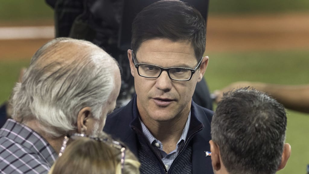 Toronto Blue Jays general manager Ross Atkins takes questions from reporters about pitcher Roberto Osuna, before the team's baseball game against the Seattle Mariners in Toronto on Tuesday, May 8, 2018. Jays closer Osuna was placed on administrative leave by Major League Baseball on Tuesday after being charged with assault. (Fred Thornhill/The Canadian Press via AP)