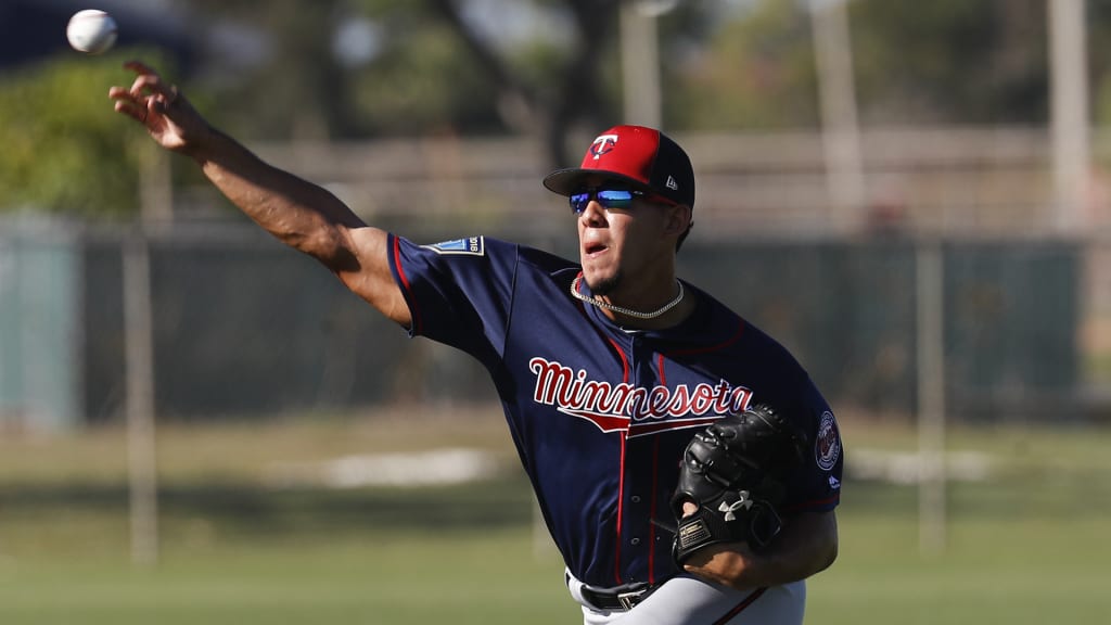 Minnesota Twins starting pitcher Jose Berrios practices during baseball spring training, Saturday, Feb. 17, 2018, in Fort Myers, Fla. (AP Photo/John Minchillo)