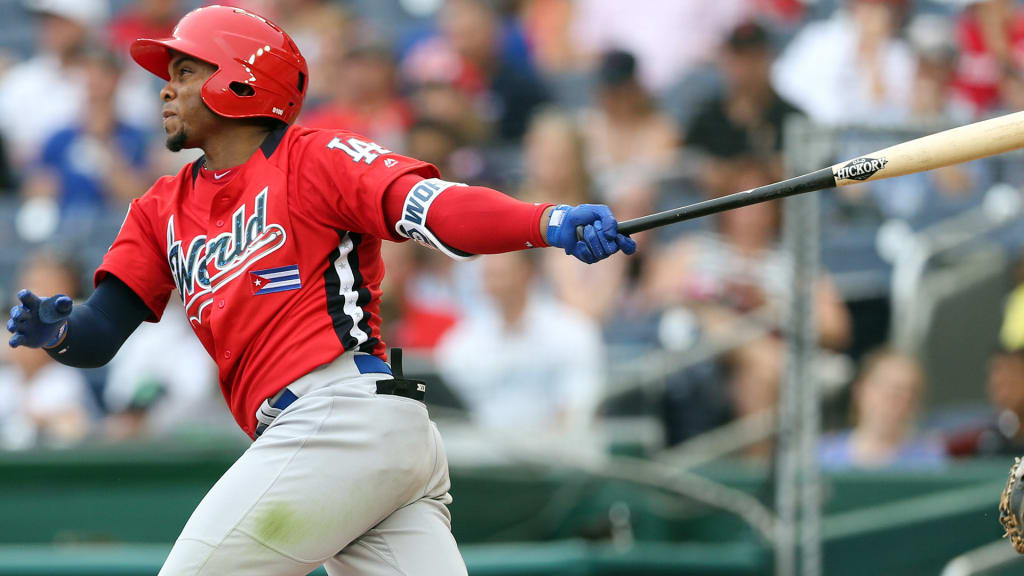 WASHINGTON, D.C. - JULY 15: Yusniel Diaz #17 of the World Team rounds the bases after hitting a home run in the seventh inning during the SiriusXM All-Star Futures Game at Nationals Park on Sunday, July 15, 2018 in Washington, D.C. (Photo by Rob Tringali/MLB Photos via Getty Images)