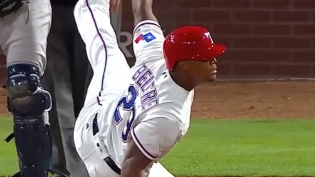 Jun 27, 2018: Texas Rangers third baseman Adrian Beltre #29 drops to a knee  on a swing during an MLB game between the San Diego Padres and the Texas  Rangers at Globe