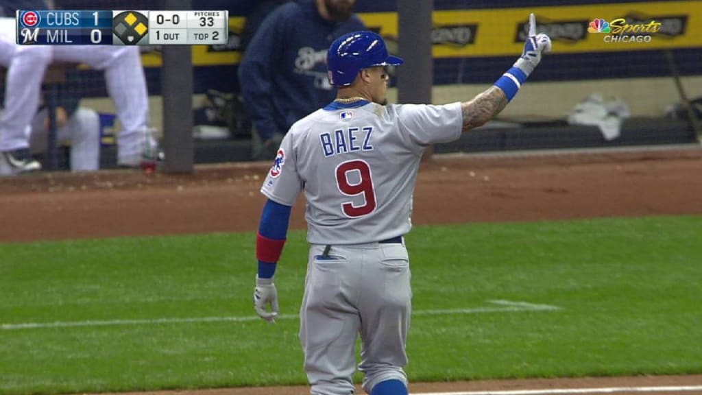 Milwaukee, WI, USA. 6th Apr, 2018. Chicago Cubs second baseman Javier Baez  #9 is congratulated after scoring on a triple and a throwing error in the  5th inning of the Major League