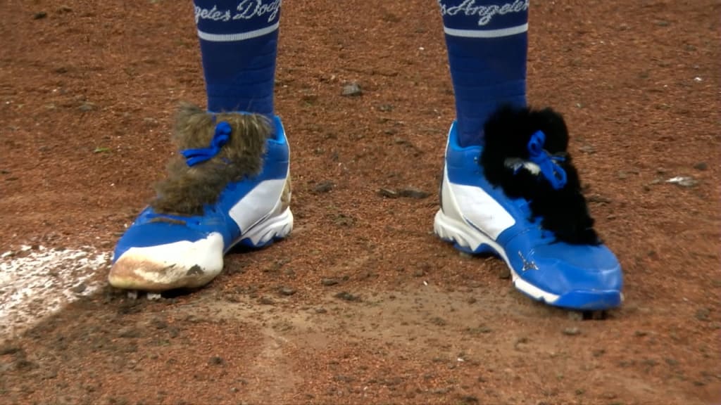 A view of the cleats worn by Tony Gonsolin of the Los Angeles