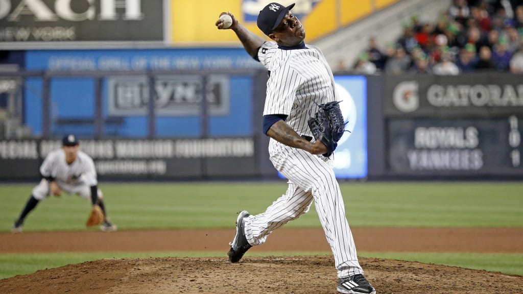 Aroldis Chapman reported to Tampa this past February for his second consecutive Spring Training with the Yankees. In between, he picked up the win in Game 7 of the World Series for the Cubs. (New York Yankees)