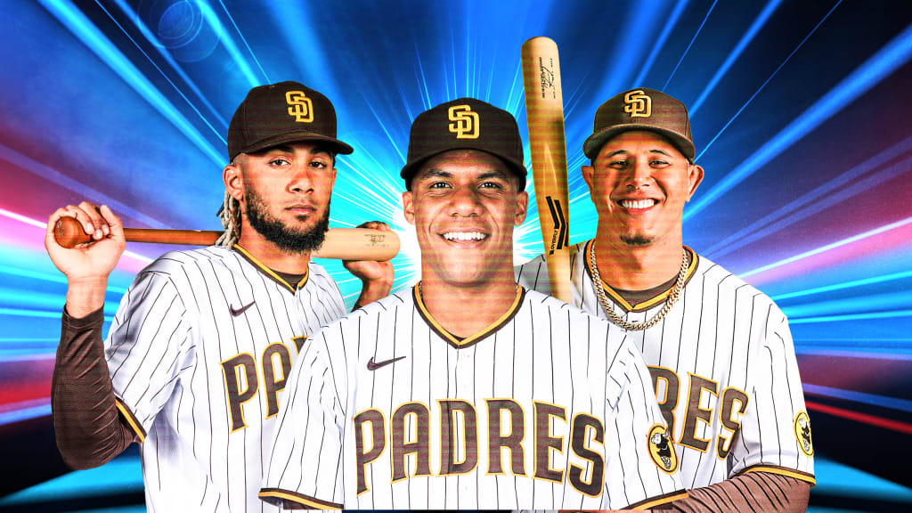 Padres Fernando Tatis Jr., Juan Soto and Manny Machado in posed portraits against a colorful background of streaks of light