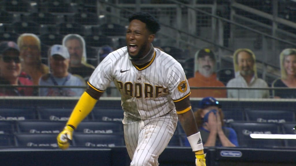 San Diego Padres' Trent Grisham reacts after hitting a home run