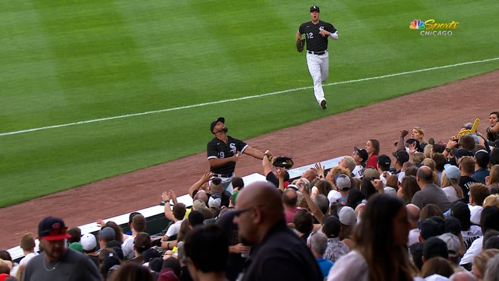 CHICAGO, IL - MAY 16: Chicago White Sox designated hitter Gavin Sheets (32)  reacts after hitting a three run home run in the fifth inning during a  Major League Baseball game between