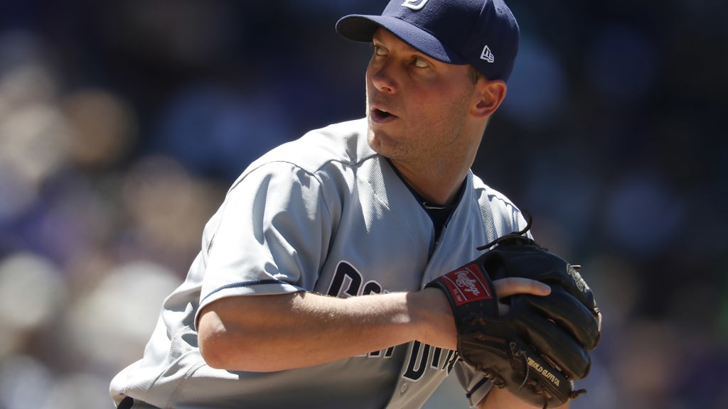 San Diego Padres relief pitcher Robbie Erlin (41) in the fifth inning of a baseball game Wednesday, April 25, 2018, in Denver. The Rockies won 5-2. (AP Photo/David Zalubowski)