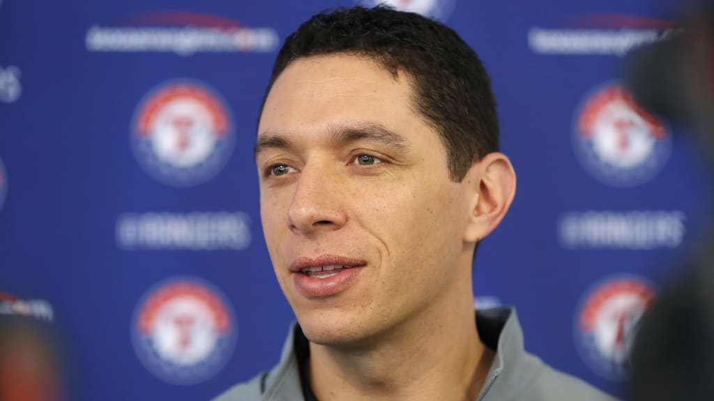 Texas Rangers General Manager Jon Daniels speaks to reporters during a baseball spring training workout, Thursday, Feb. 15, 2018, in Surprise, Ariz. (AP Photo/Charlie Neibergall)