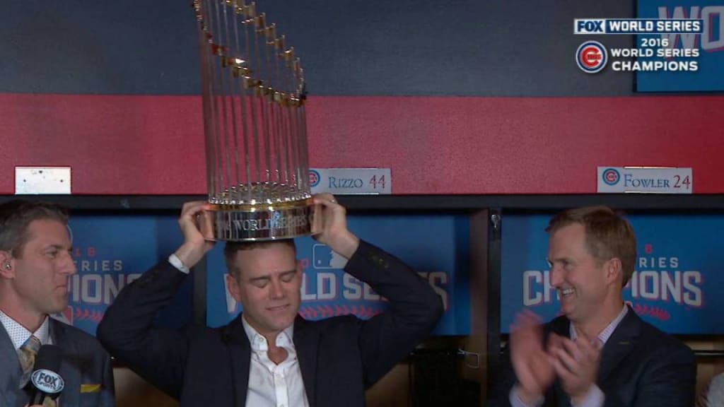 Theo Epstein Signed Chicago Cubs 2016 World Series Holding Trophy