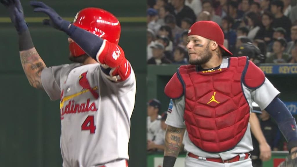 Yadier Molina, catcher of the St. Louis Cardinals throws on a pick off  attempt in the ninth inning against Japan's national team of the Japan  All-Star Series 2018 at Tokyo Dome in