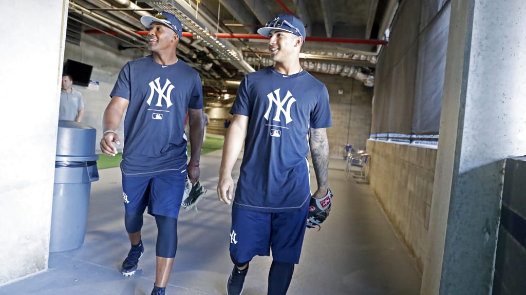 New York Yankees shortstop Gleyber Torres (25) and third baseman Miguel  Andujar (41) during a Grapefruit League Spring Training game against the  Detroit Tigers on February 27, 2019 at Publix Field at