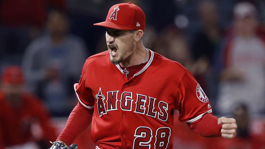 Los Angeles Angels starting pitcher Andrew Heaney reacts after getting Kansas City Royals' Mike Moustakas to ground out for the final out of a baseball game in Anaheim, Calif., Tuesday, June 5, 2018. Heaney threw a one-hitter as the Angels won 1-0. (AP Photo/Alex Gallardo)