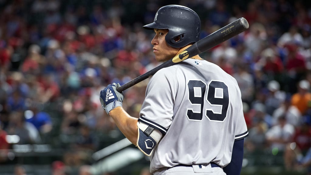 New York Yankees' Aaron Judge waits on deck during the ninth inning of the team's baseball game against the Texas Rangers, Tuesday, May 22, 2018, in Arlington, Texas. Texas won 6-4. (AP Photo/Jeffrey McWhorter)