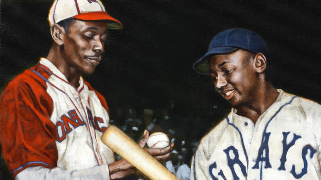 Detail of Kreindler's painting of Satchel Paige and Josh Gibson at the 1942 Negro World Series.