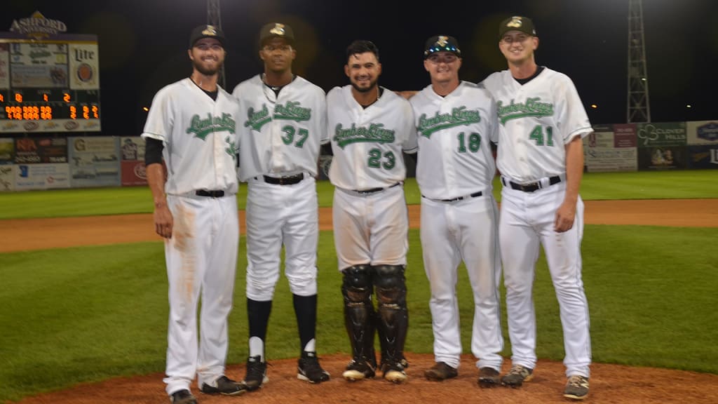 Clinton hurlers (from L to R) Lukas Schiraldi, Pedro Vasquez, Joey Strain and Matt Walker combined with catcher Arturo Nieto (center) to throw a combined no-hitter for the LumberKings (Paul R. Gierhart/MiLB.com).