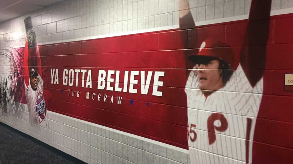 An image of Tug McGraw recording the final out of the 1980 World Series is on a wall near the Phillies' clubhouse. (Todd Zolecki/MLB.com)