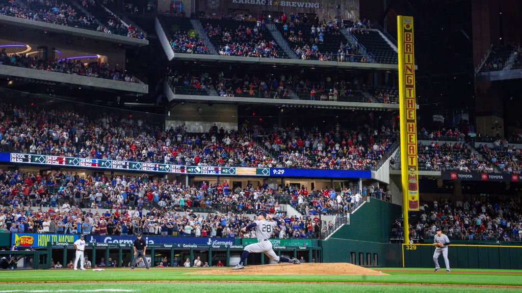There was novelty inherent in the Texas series, for a couple reasons. It was the Yankees’ first-ever visit to Globe Life Field, which opened last year, and the team hadn’t played a real game in front of anything resembling a full crowd since October of 2019. But also, Kluber was returning to the mound where he suffered a first-inning, season-ending injury in his only start as a Ranger. (Credit: Texas Rangers)