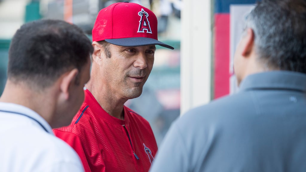 Scott Radinsky talks with reporters before Monday night's game at Angel Stadium. (Angels)