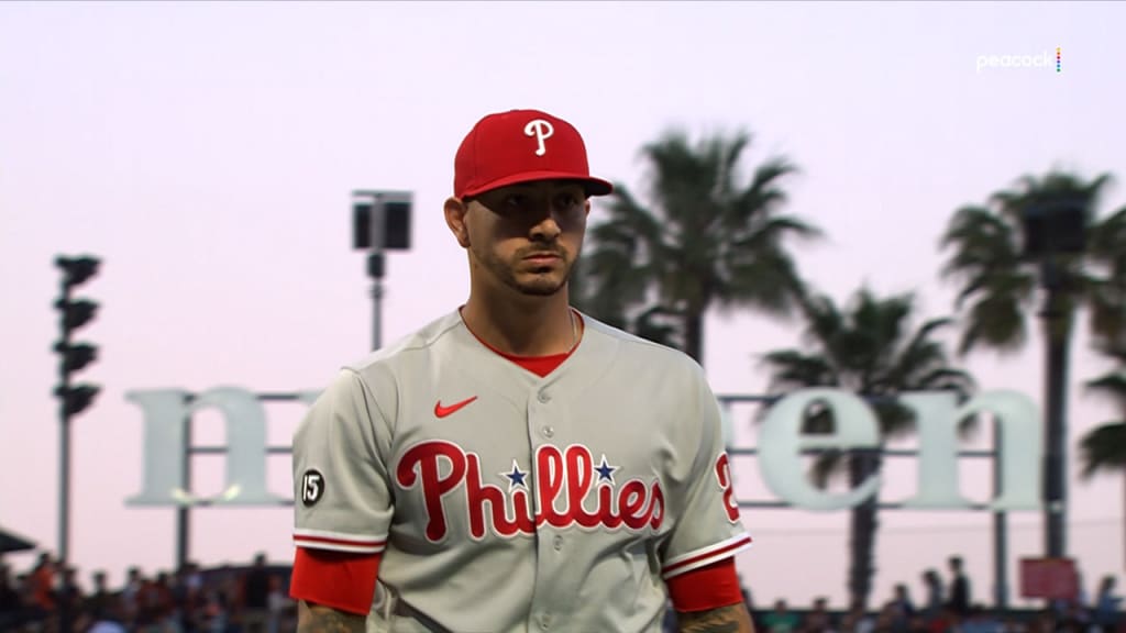 Philadelphia Phillies' Bryce Harper reacts as he scores on Rhys Hoskins'  double in the ninth inning of a baseball game against the Washington  Nationals, Thursday, Aug. 5, 2021, in Washington. Philadelphia won