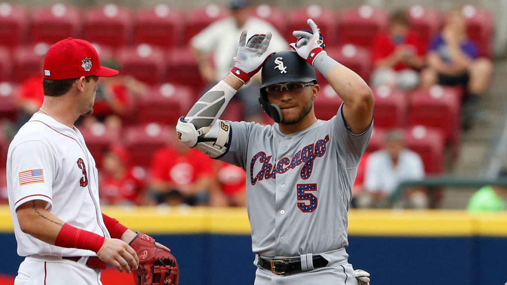 Yolmer Sanchez (5) reacts at second base with a double off Cincinnati Reds starting pitcher Luis Castillo during the first inning of a baseball game, Monday, July 2, 2018, in Cincinnati.