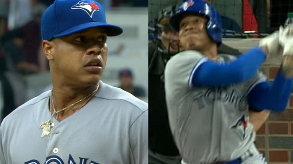 Toronto Blue Jays starting pitcher Marcus Stroman kisses his glove before  his first pitch against the Kansas City Royals in the ALCS game 3 at the  Rogers Centre in Toronto, Canada on