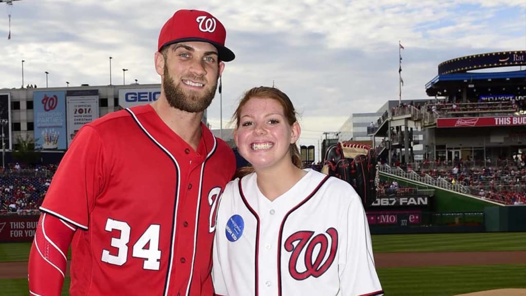 Sixteen-year-old Kaylan, a Make-A-Wish Foundation honoree, got a stadium tour from her hero, Bryce Harper of the Washington Nationals. She also threw out the ceremonial first pitch to Harper. (Photo by Washington Nationals)