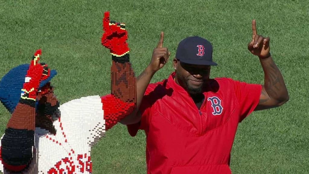 IMAGE DISTRIBUTED FOR LEGO® SYSTEMS, INC. - In this image released on  Wednesday, Aug. 31, 2016, Boston Red Sox designated hitter David Ortiz  mirrors his life-size LEGO likeness on home plate at