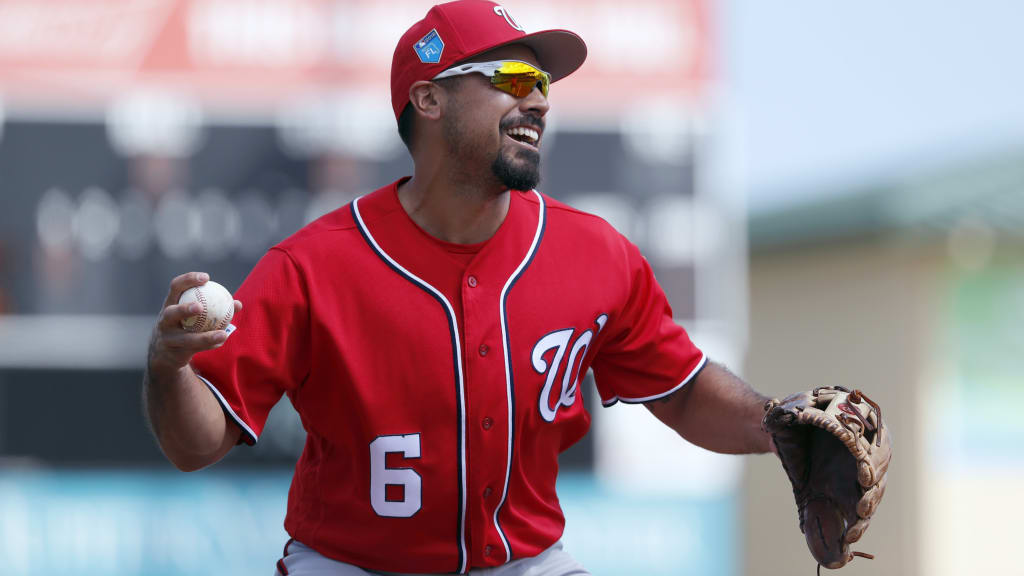 Washington Nationals third baseman Anthony Rendon smiles as he warms up between innings of an exhibition spring training baseball game against the Marlins Wednesday, Feb. 28, 2018, in Jupiter, Fla. (AP Photo/Jeff Roberson)