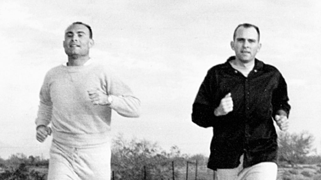 The Giants' Ron Herbel and Joe Gibbon get in their daily training.