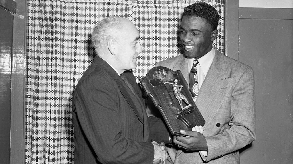 Jackie Robinson's 1947 Rookie of the Year plaque is part of the O'Malley family collection. (AP)